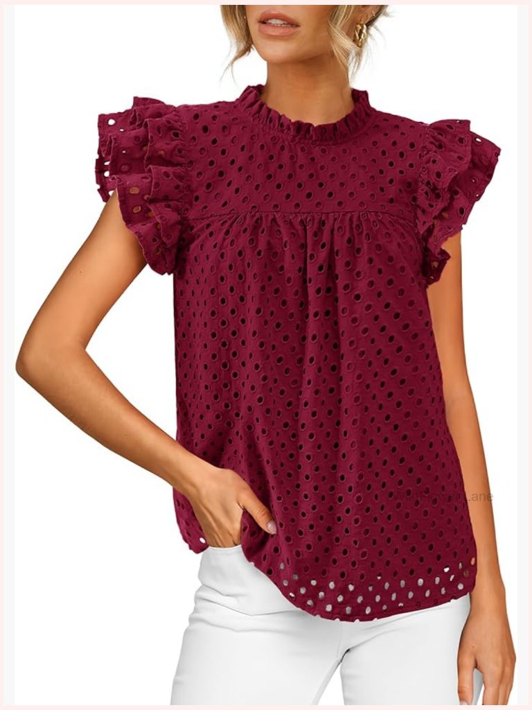 Summer Blouse With Ruffle Sleeves Crew Neck Lace Embroidered Tops